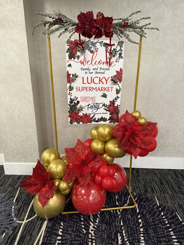 Corporate welcome display with professional balloon styling